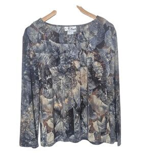 N Touch Dark Nature Inspired Abstract Print Long Sleeve Blouse Size Large Petite